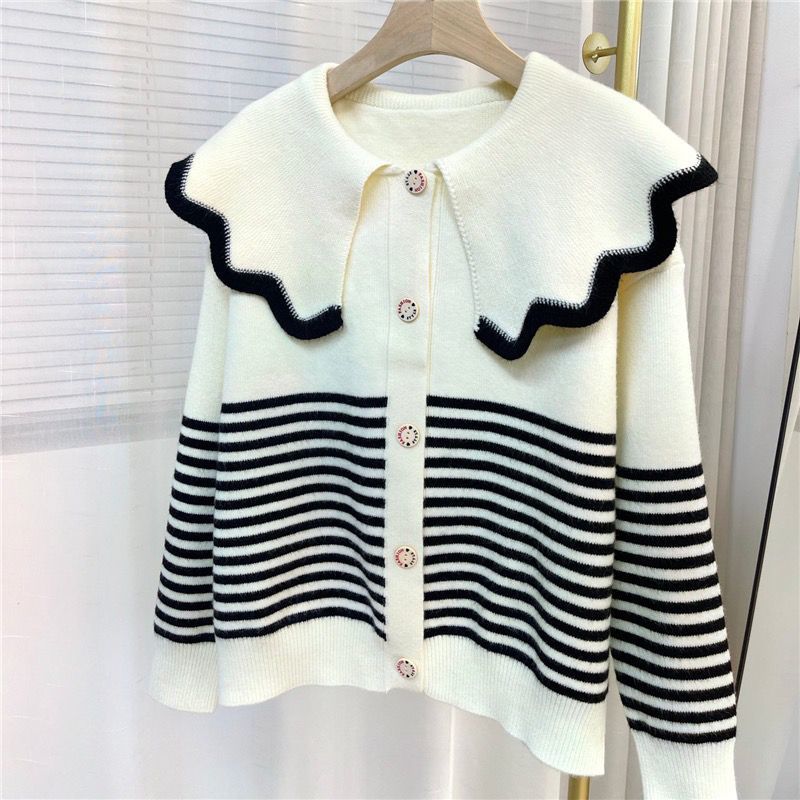 Sweet Doll Neck Striped Knitted Cardigan Five Colors for Warm and Fresh External Cute and Trendy Sweater Cardigan Female Tops