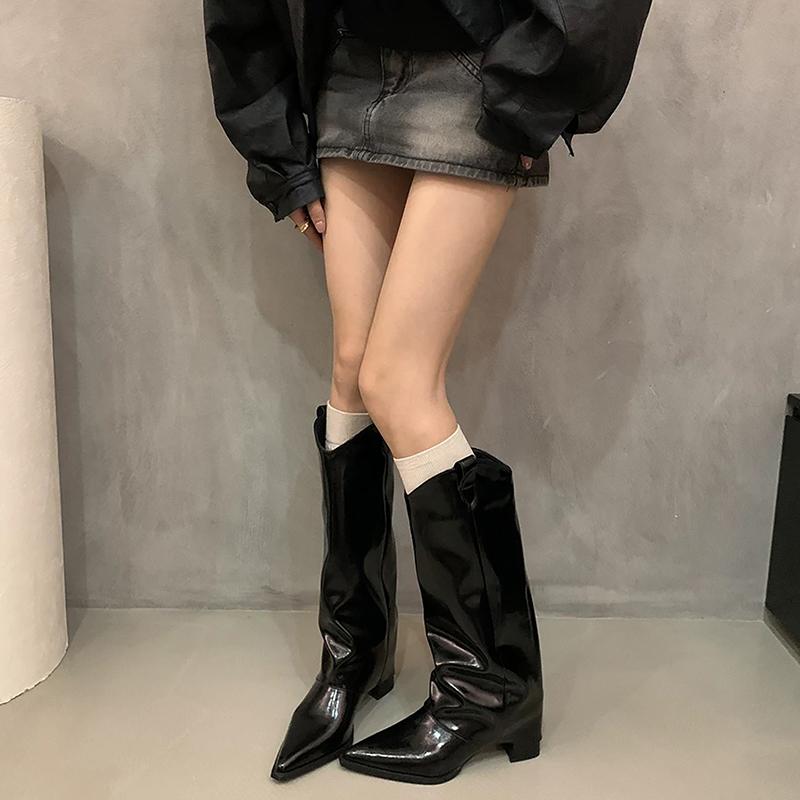Autumn Winter Street Style Woman Knee High Boots Shoes Fashion Slip On Pointed Toe Ladies Elegant Thick Heel Modern Long Botas