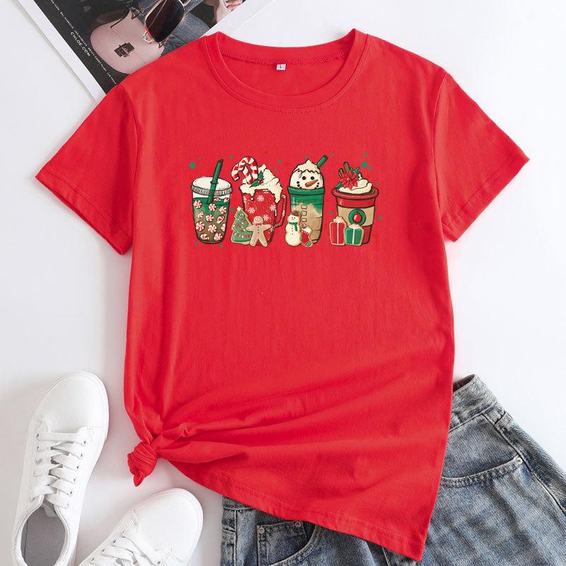 Summer Loose Christmas Print Pure Cotton Round Neck Short Sleeved T-Shirts Women’s