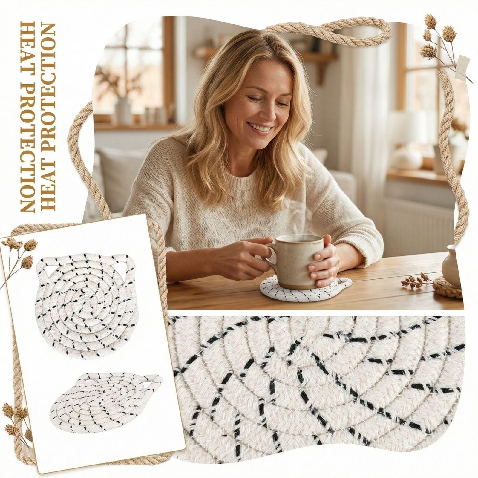 

Cats Shaped Cotton Rope Woven Heat Insulating Cup Pad One Size білий