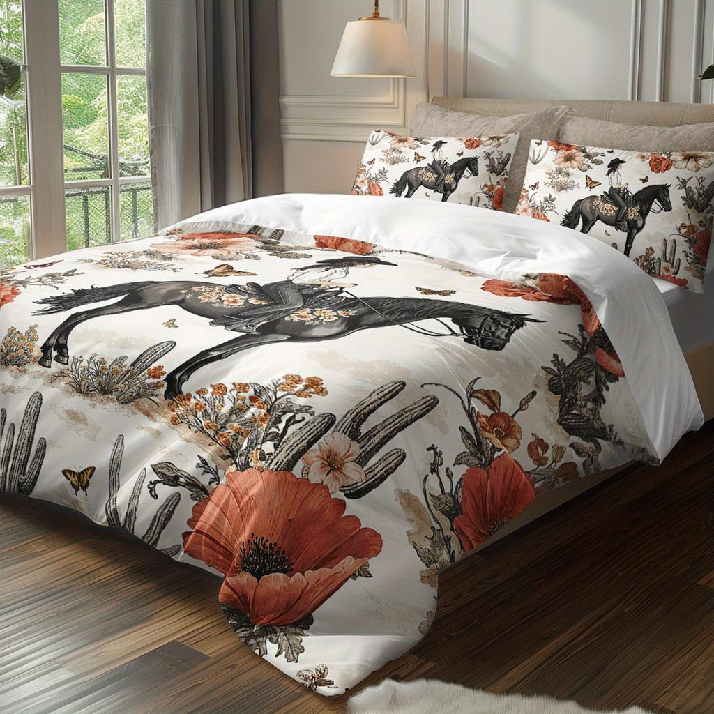 3pcs Cowgirl Riding Horse Floral Bedding Duvet Cover Set Bohemian Cowgirl Bedding Quilt Set Western Themed Bed Quilt Set Vintage