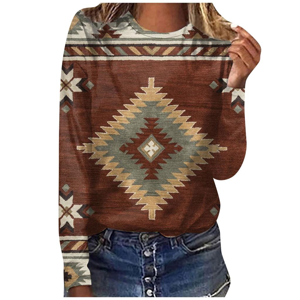 Women's Casual Fashion Ethnic Print Long Sleeve O-Neck Pullover Top