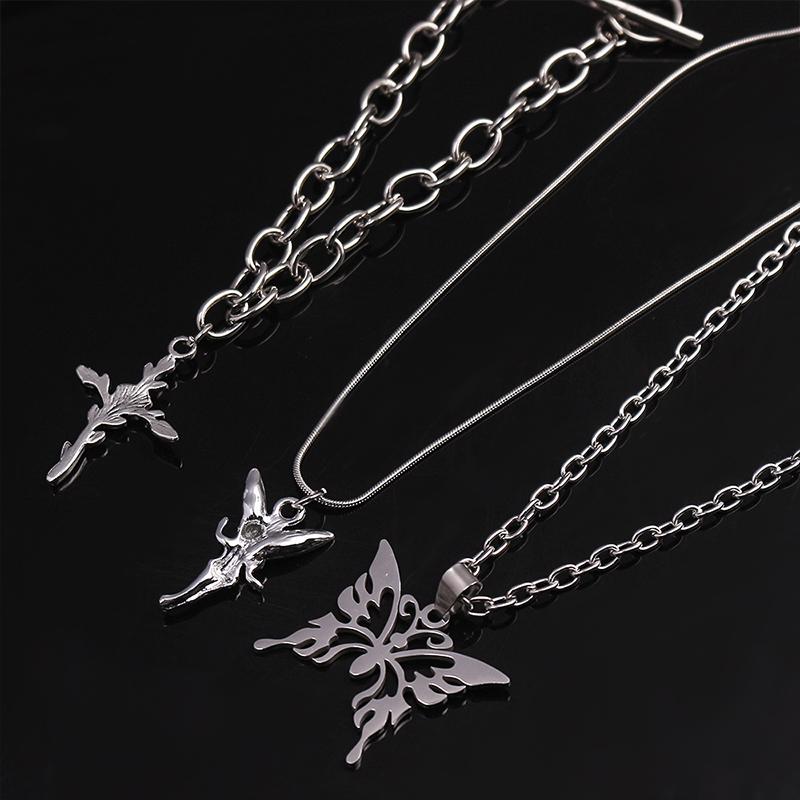 Punk Multi-Layered Chain Necklace Women Silver Butterfly Cross Angel Pendants Hip Hop Grunge Street Jewelry
