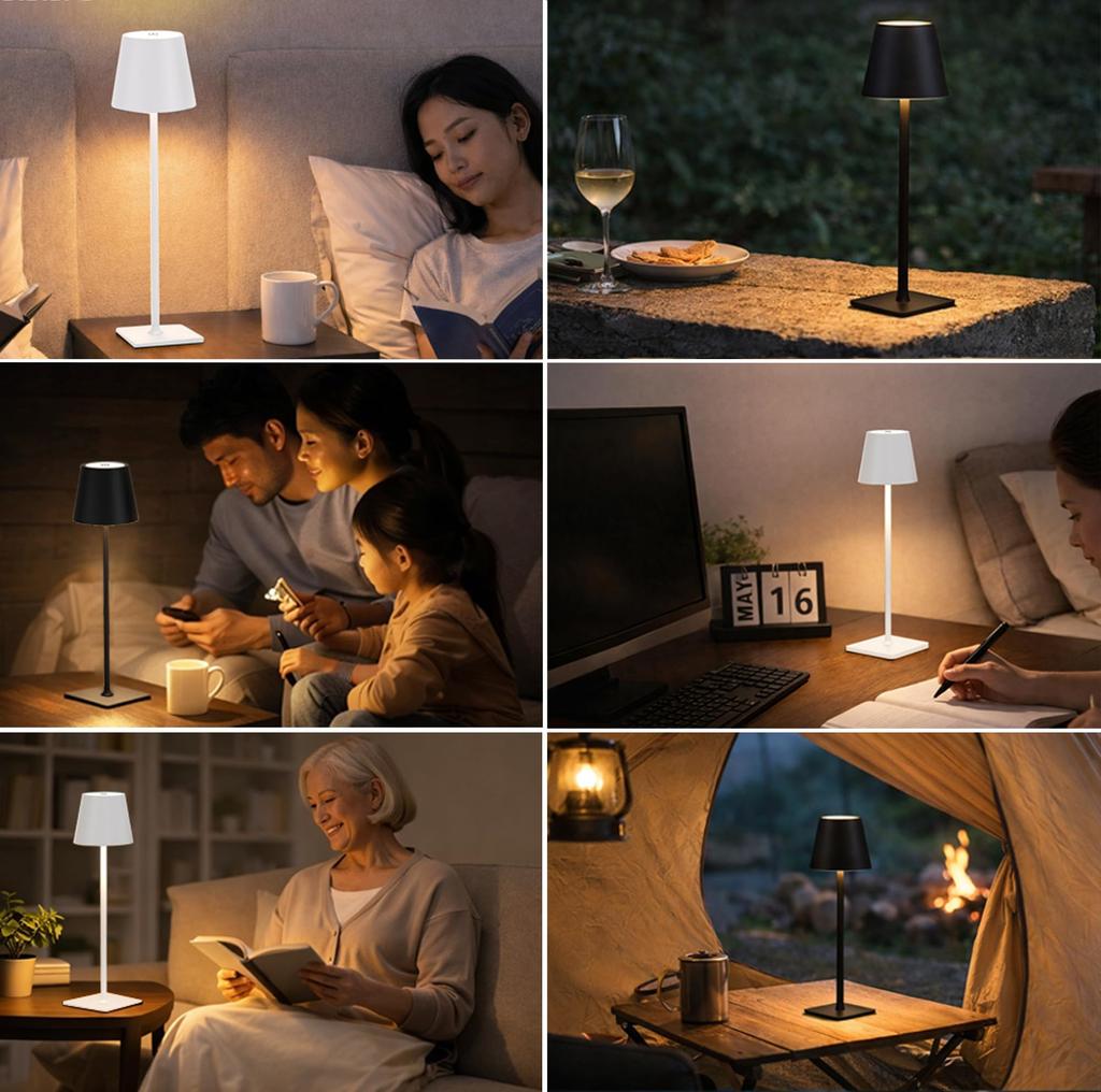 Tledtech Rechargeable Night Light, Desk Lamp [Cordless, Touch Control], Bedside Light, 3 Color Switching, Stepless Dimming, USB Charging, IPX4