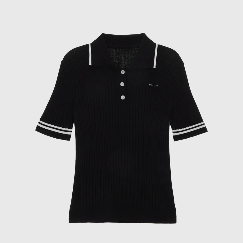 LIKK Button-Up Contrast Knit T-Shirt (Black)_L4A1-Nb03K