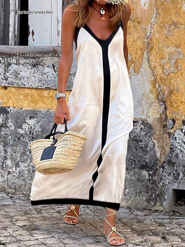 2026 Women's Vacation A-Line Dress with Adjustable Straps and Color Block Design