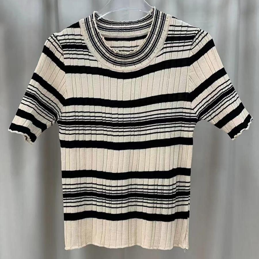 

Полосатая трикотажная футболка с короткими рукавами и полувысоким воротом, весенне-летний темперамент, ретро-стиль, модные топы для женщин, повседневные, облегающие, футболки One Size абрикосовый