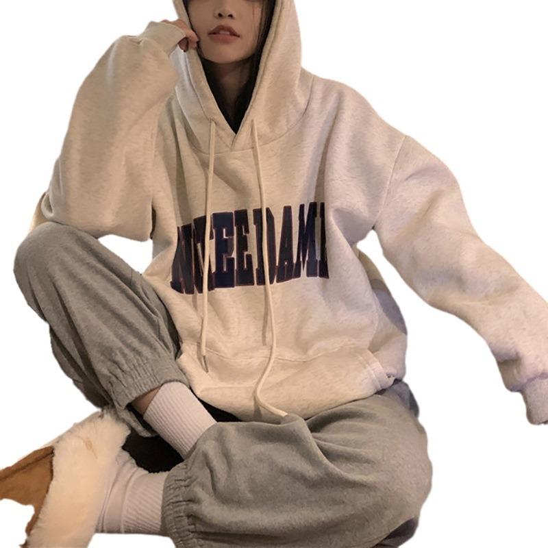 Polstret hettegenser dame høst og vinter stor størrelse trykt fleece skjorte høst og vinter løse topper mote retro allsidig sweatshirt