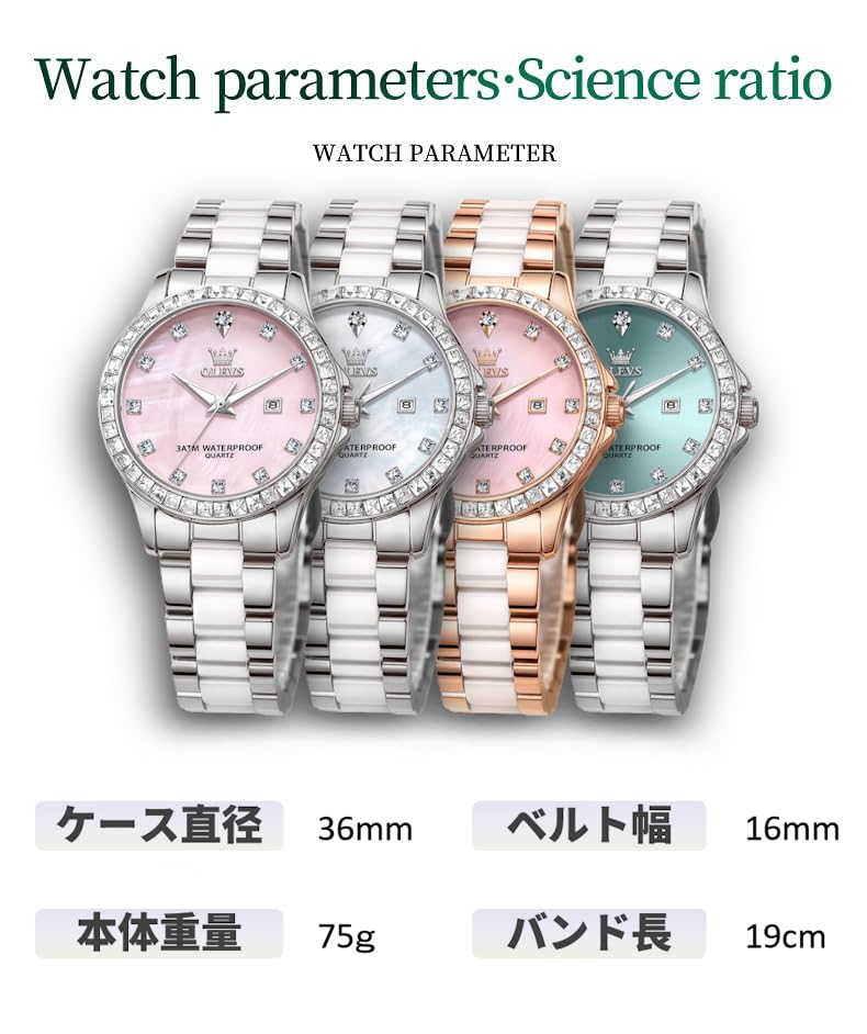 OLEVS Women's Watch Shell Dial Ceramic Diamond Date Waterproof Luminous For Work/School Girl With Bracelet Pink