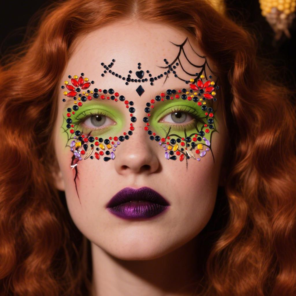 Skull Face Diamond Sticker With Colorful Flowers For Party Makeup And Stage Decor