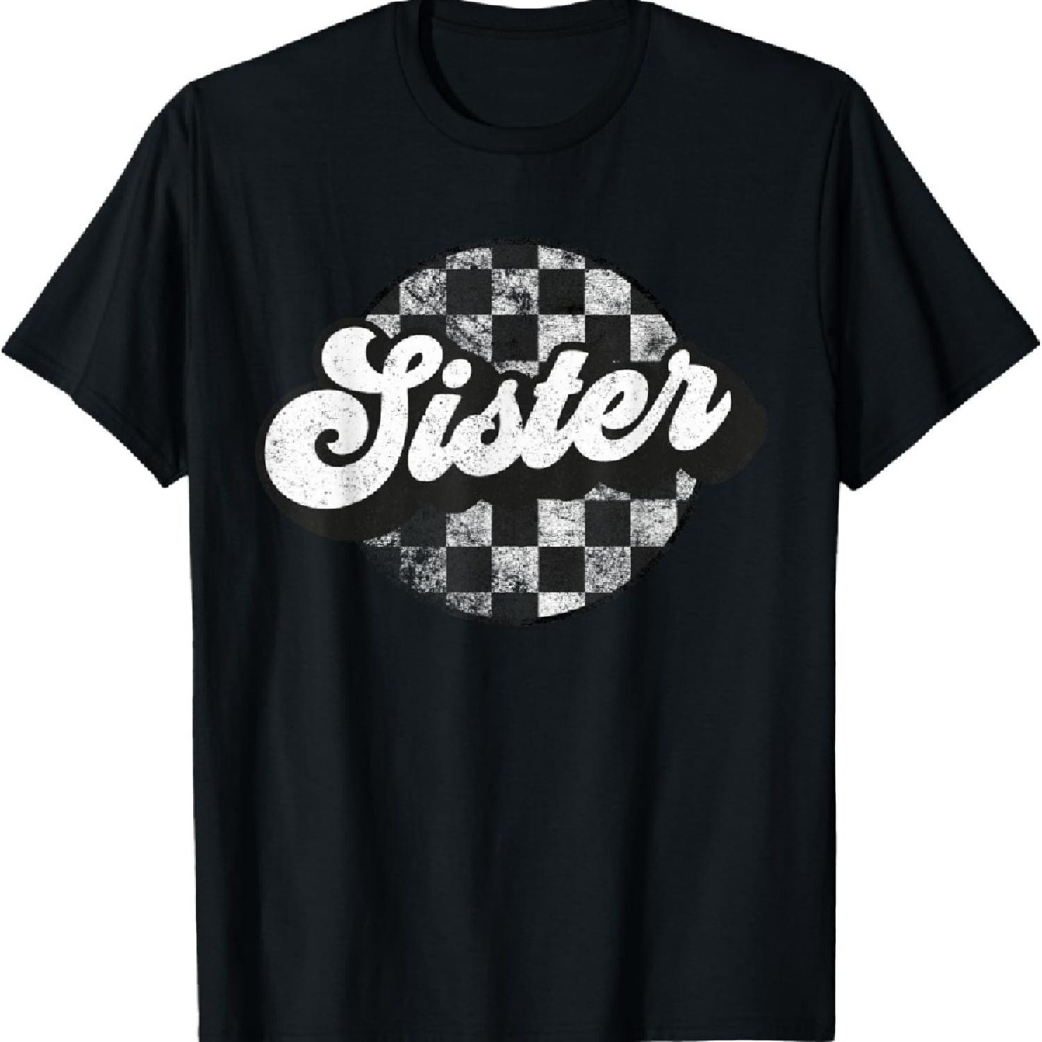 

Забавная ретро клетчатая винтажная футболка для сестры, участвующей в гонках, в семейном стиле XXXXXL чёрный