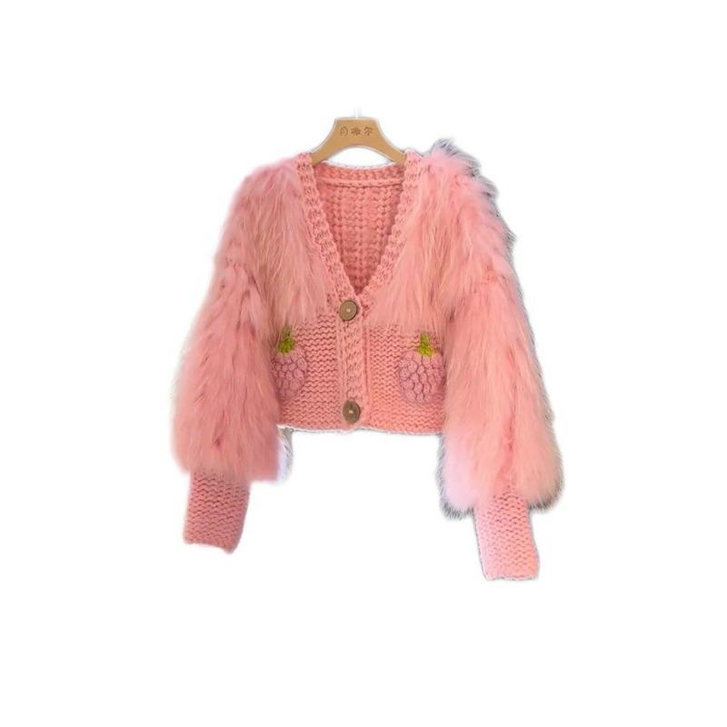 Large Size Super Beautiful Pink Sweet Knitted Patchwork Imitation Mink Fur New Cardigan Fur Top