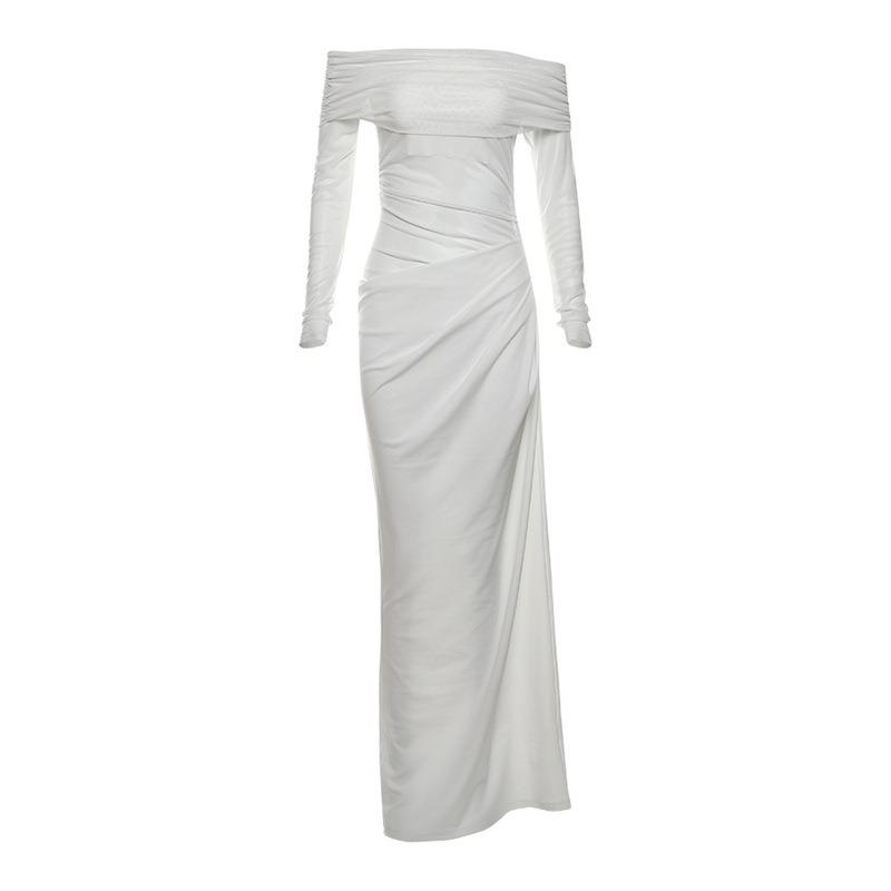 Spring New Women's Clothing Temperament Sexy One-word Shoulder Mesh See-through Long Dress Women