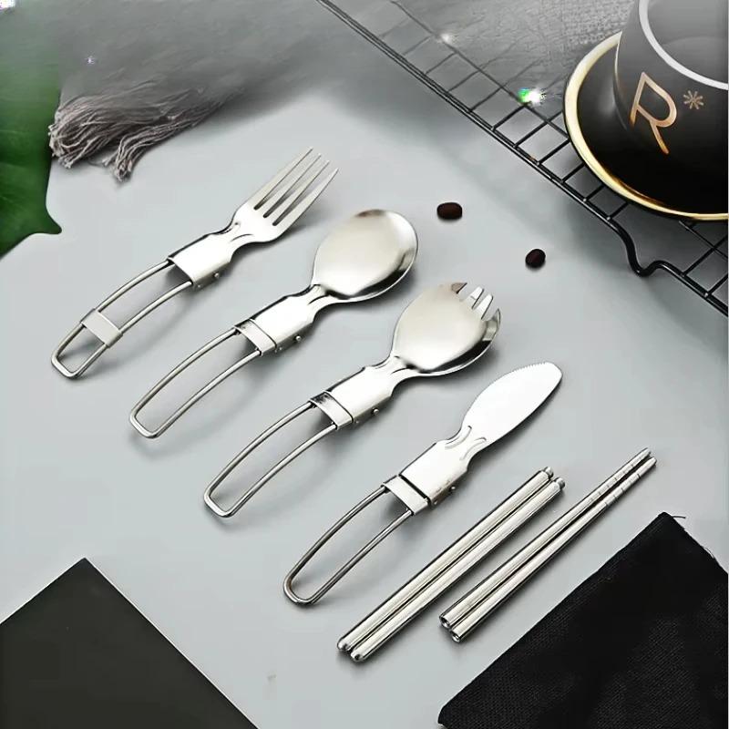 Creative Folding Design Outdoor Portable Picnic Tableware Set Stainless Steel Folding Salad Spoon Fork Chopsticks Kitchen Tools