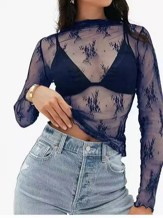 Women's Mesh Lace Layered Stand Collar See-through Top.