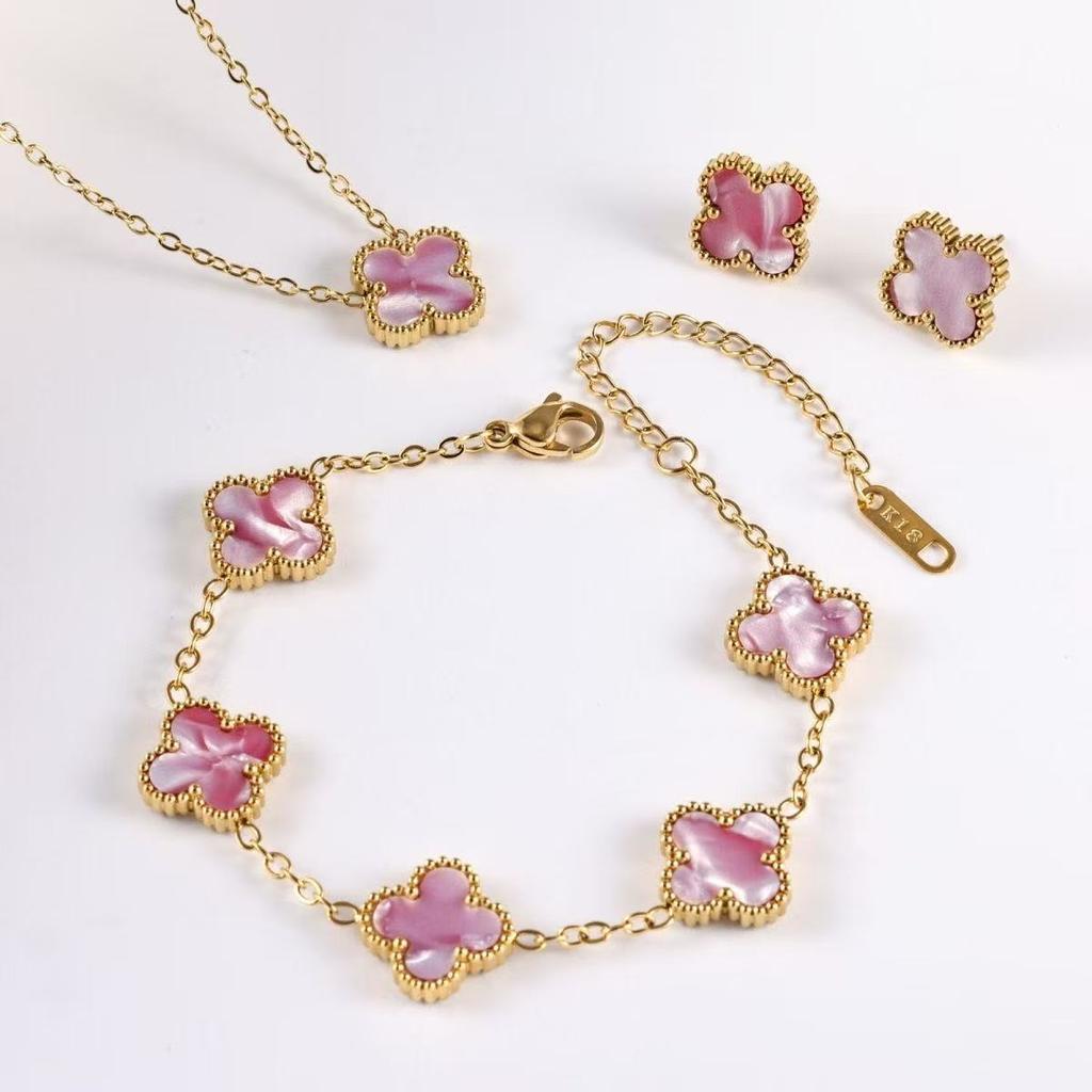 3 pièces collier trèfle bracelet boucles d'oreilles en acier titane à la mode, cadeau luxueux pour la Saint-Valentin et la fête des mères