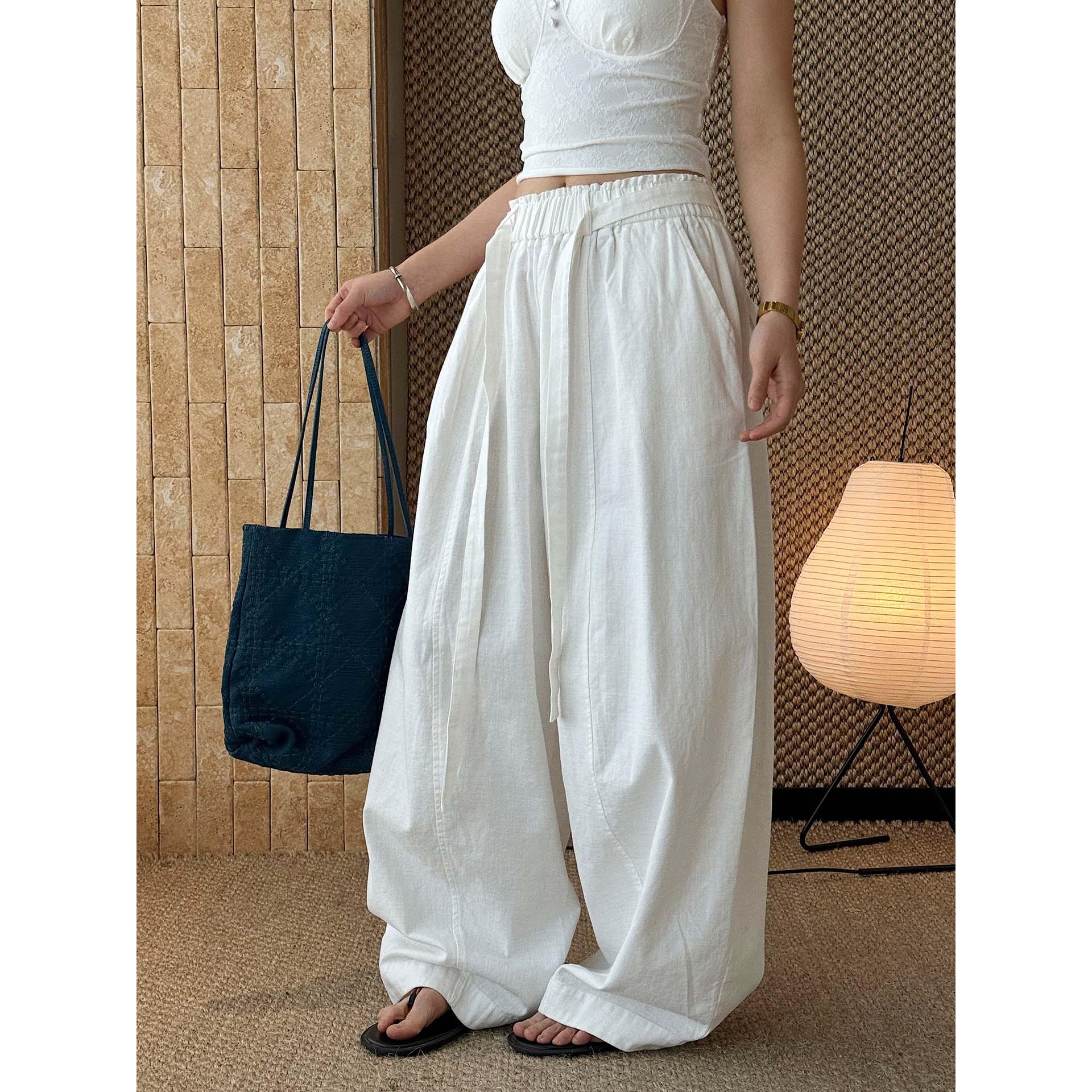 Louvre Korean Style High-Waisted Pleated Wide-Leg Trousers with Belt for Women One Size