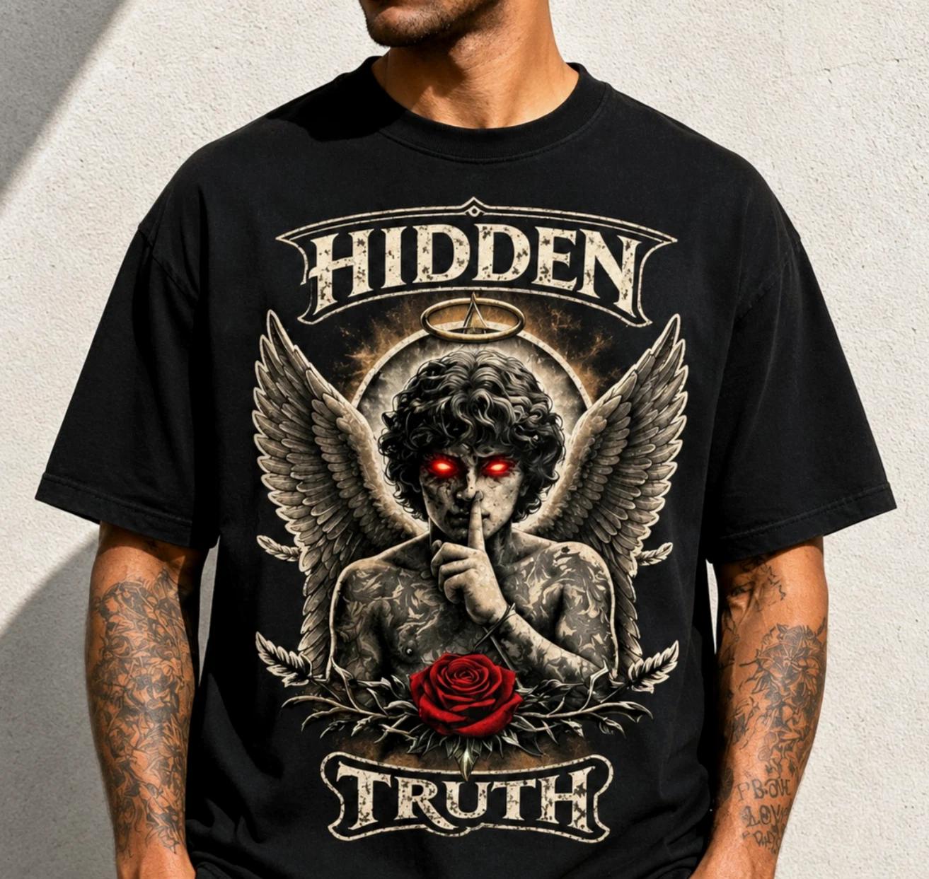 Hidden Truth Angel T-Shirt Black Graphic Tee Wings Red Rose Gothic Tattoo Style 2XL