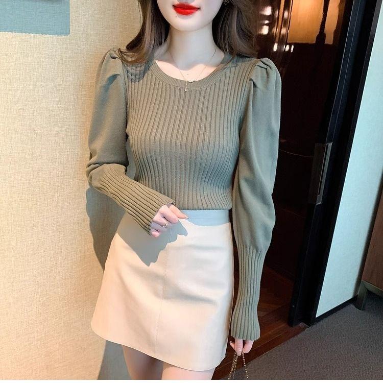 

Круглый вырез в корейском стиле, модная трикотажная базовая рубашка для женщин с рукавами-фонариками, универсальный осенне-зимний темпераментный однотонный топ 2XL армия зеленый