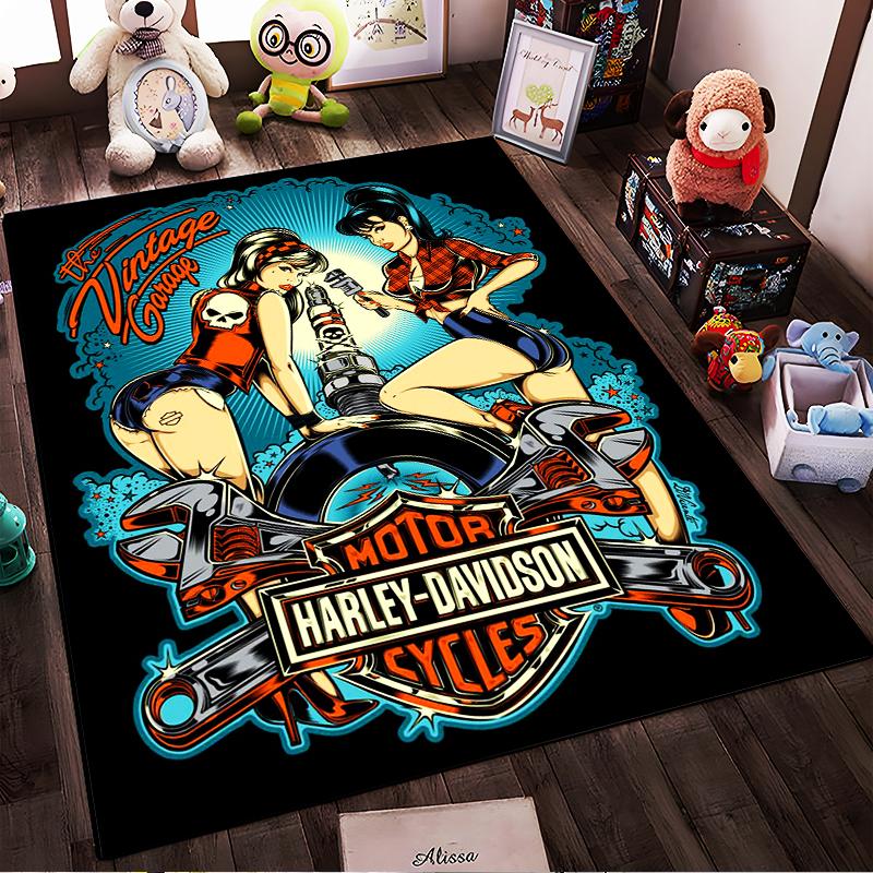 "Retro Pin-Up Girls Motorcycles Art Carpet Home Decor Floor Rug" Suitable for use as an anti-slip for living room bedroom sofas