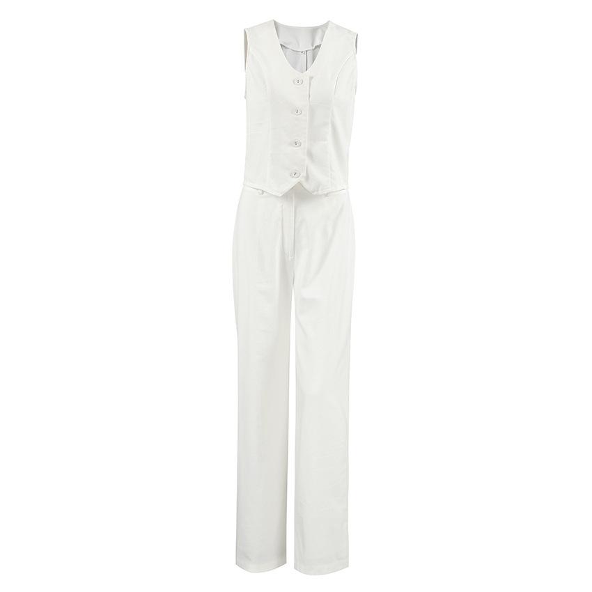 1116 European and American new cotton and linen pure white V-neck slim-fitting vest trousers set, summer women's two-piece set