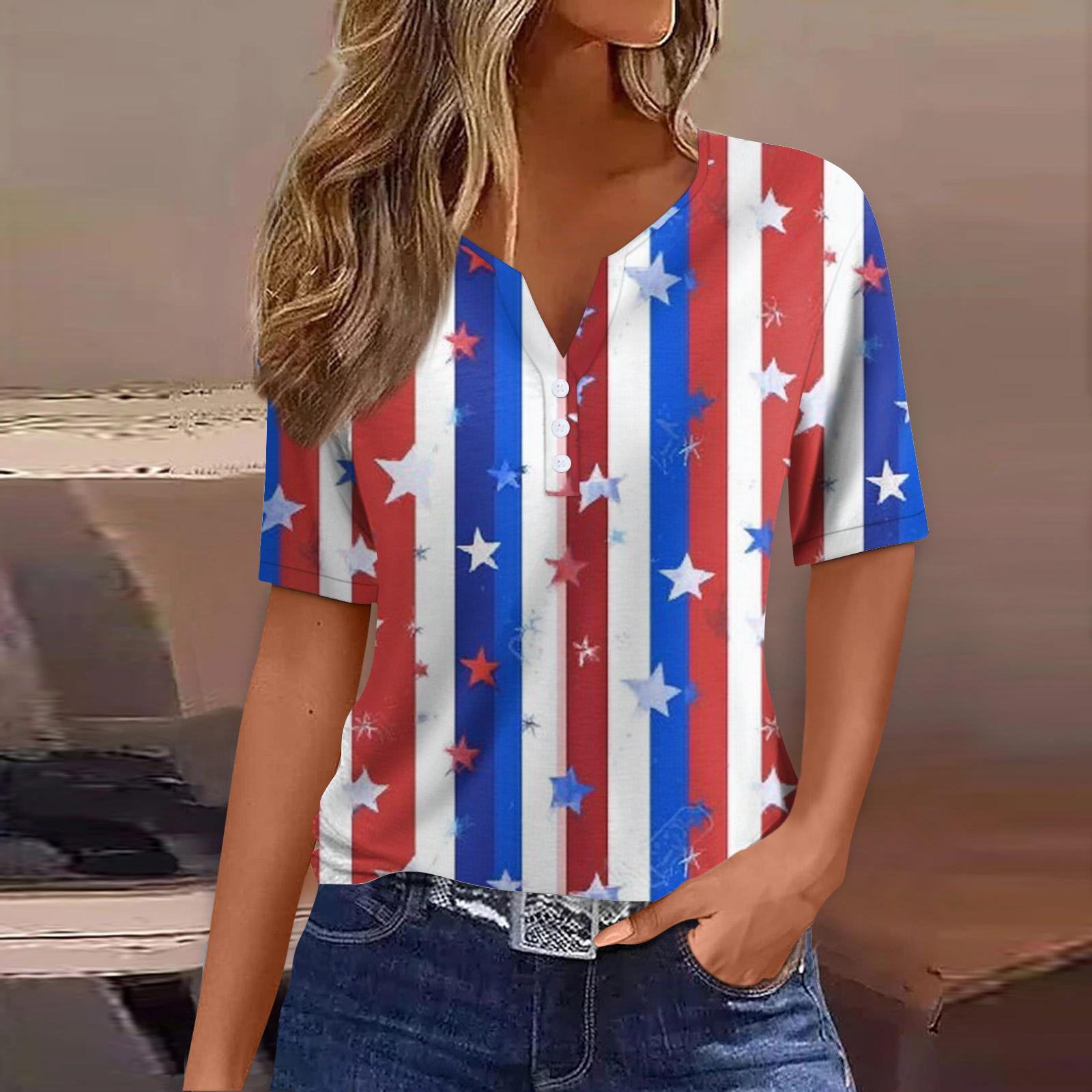 

Жен. Футболка Футболка С принтом Пуговицы С короткими рукавами Повседневные Выходные Мода Классический V-образный вырез Обычный Верх L синий