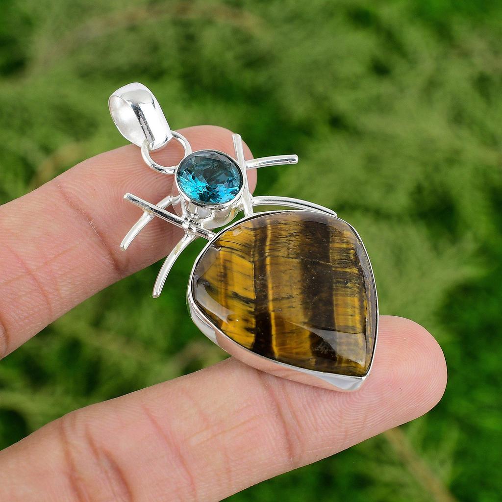 Daughters Day Deal 925 Sterling Silver Tigers Eye Gemstone Indicolite Pendant