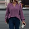 Women's Fashionable Solid Color Long Sleeved V-neck Button Casual Loose Pullover Top