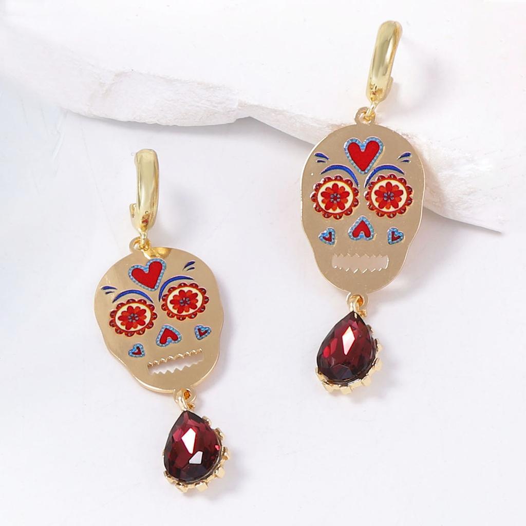 Halloween earrings, metallic colors, skull, slightly inlaid zircon water drop earrings, holiday gift women's accessories
