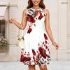 Damen Übergröße Rundhals Ärmellos Floral Schmetterling Print Weiß Rot A-Linie Midi Kleid