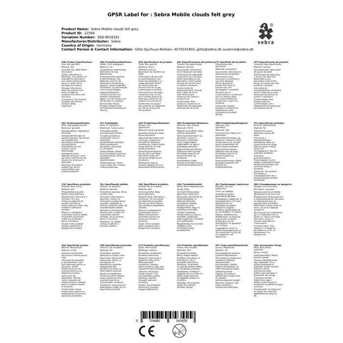 Sebra Mobile Clouds Felt Grey