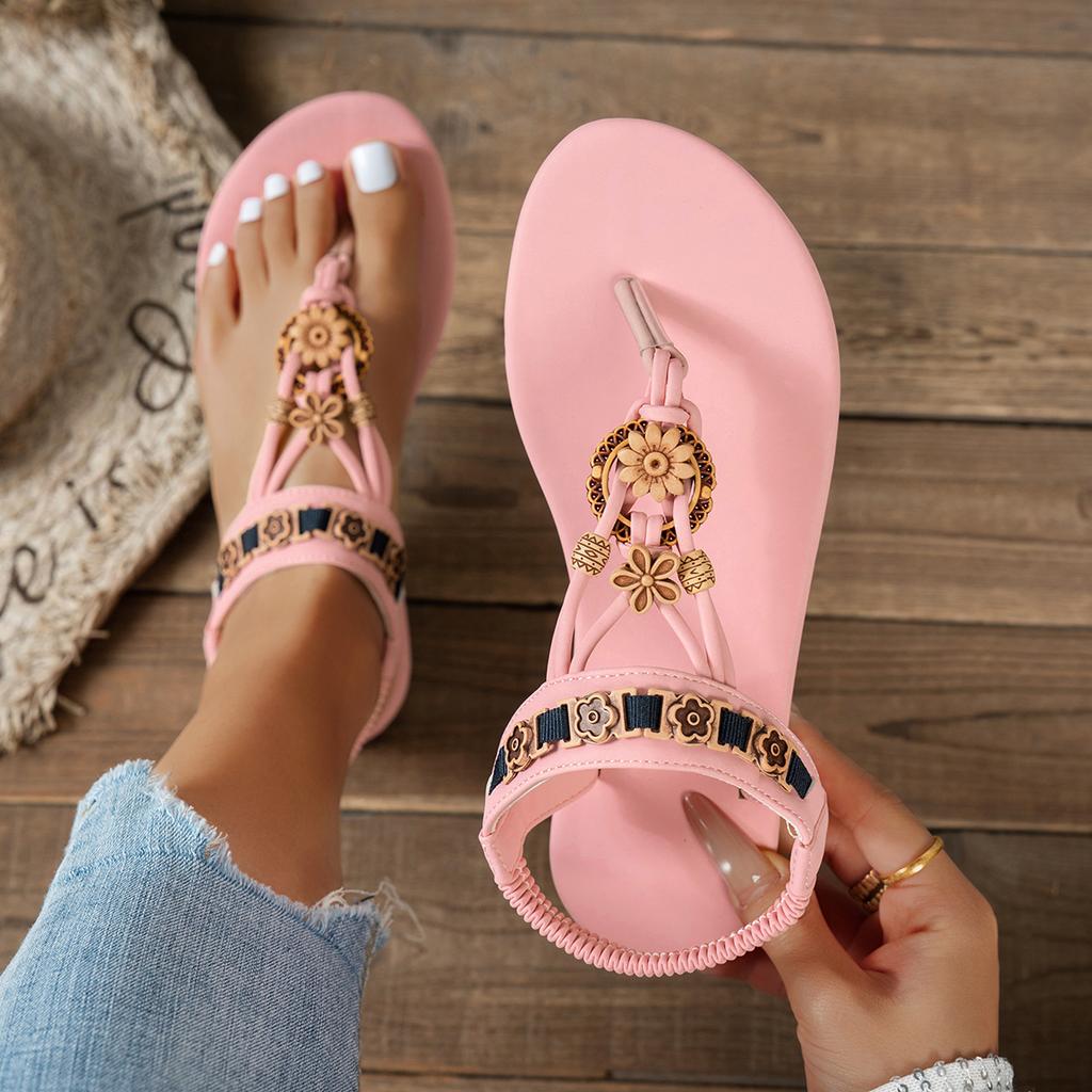 Women's Large-sized Bohemian Beaded Stylish Flat Sandals, Summer New Style Flat Breathable Casual Sandals for Women
