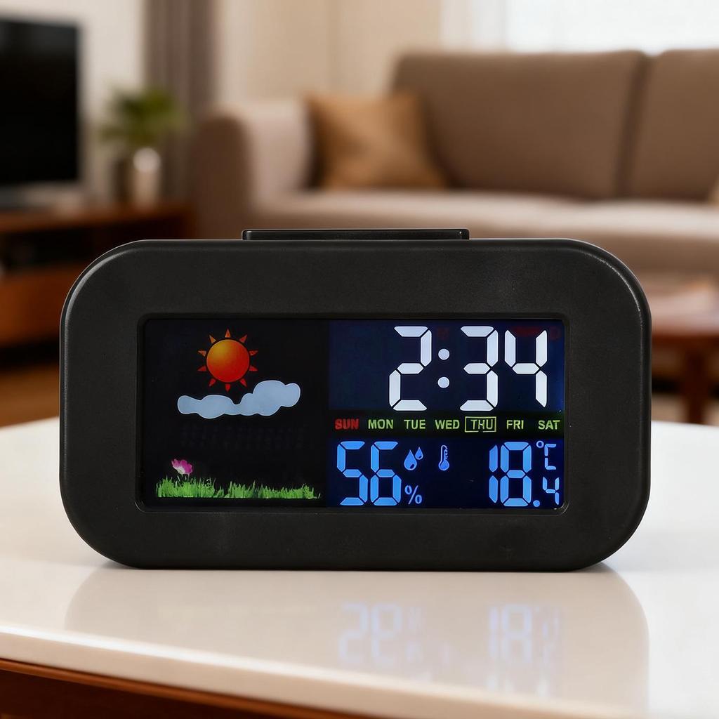 Cross-Border Multifunctional Weather Clock: Color Screen, Perpetual Calendar, Temperature & Humidity Monitor, Backlight, Alarm, Smart Features.