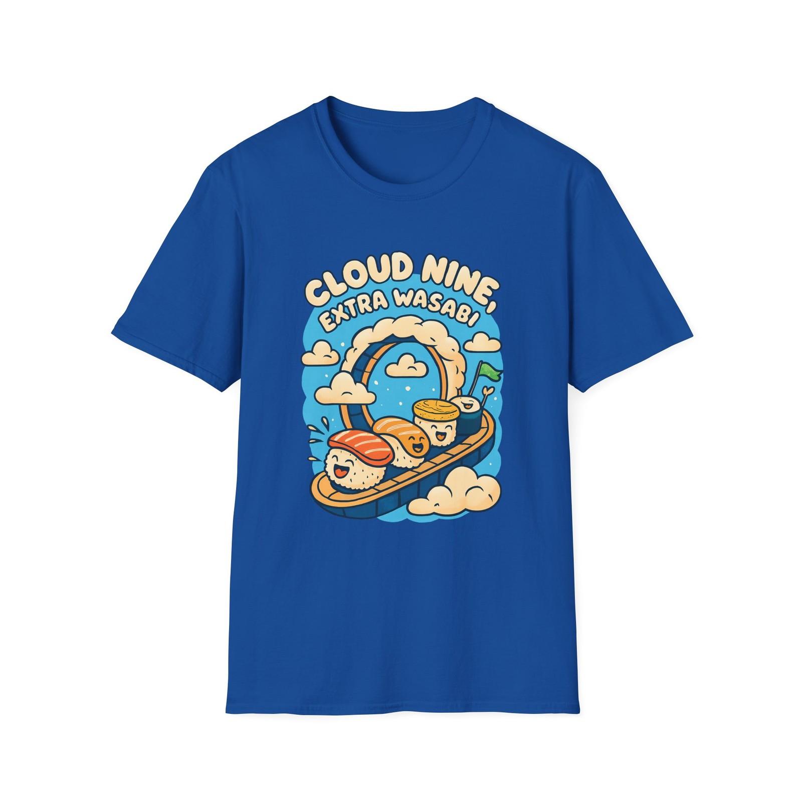 Unisex Softstyle T-Shirt Mens Womens Tees Top Surreal Joyful Sushi Conveyor Clouds Rolls Ride Fun 3XL