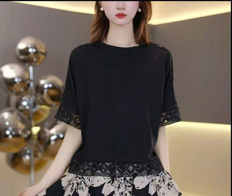 Elegant Women s Black Lace Batwing Sleeve T-Shirt 2XL
