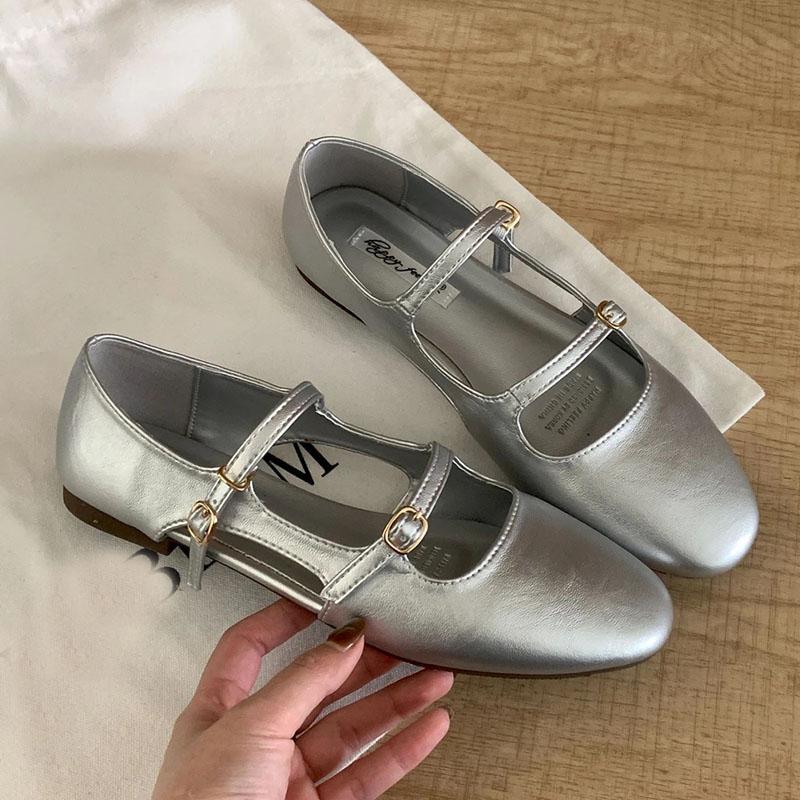 

Модная женская обувь с ремешком и пряжкой Новинка 2025 Женские балетки Мэри Джейн Летне-весенняя модная неглубокая женская обувь 35 серебряный