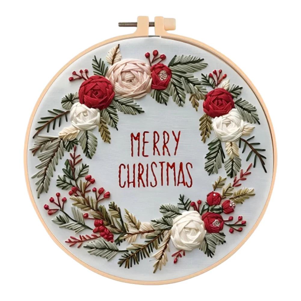 Merry Christmas Handmade Embroidery Kit for Beginners with Cotton Threads Needles Hoop and Pattern for Custom Art