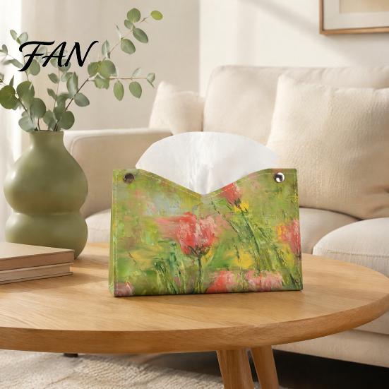 Space Saving Organizer Leather Tissue Box Cover with Oil Painting Pattern, Foldable Desktop Organizer, Napkin Holder Easy Access Case Case,