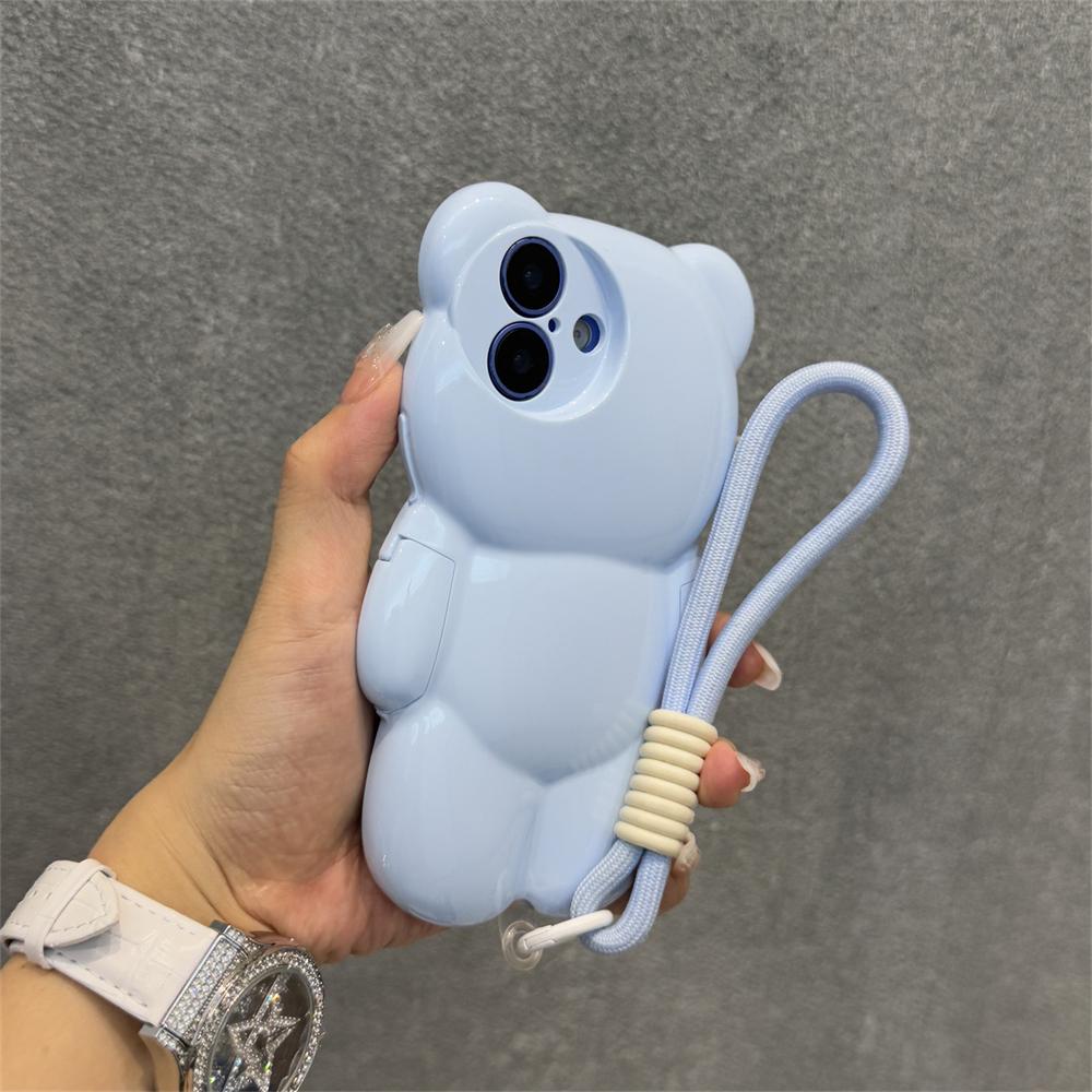 3D Cartoon Bear Wrist Chain Lanyard Phone Case for iPhone 16 15 14 13 12 11 Pro Max Plus Lovely Sweet Silicone Shockproof Cover