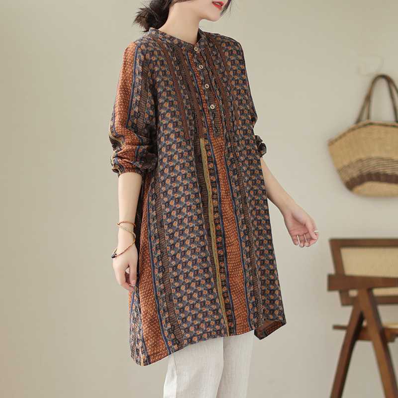 Women's Floral Print Cotton Linen Blend Long Sleeve Tunic Dress Pleated Stand Collar Loose Fit Casual Midi Shirt Dress