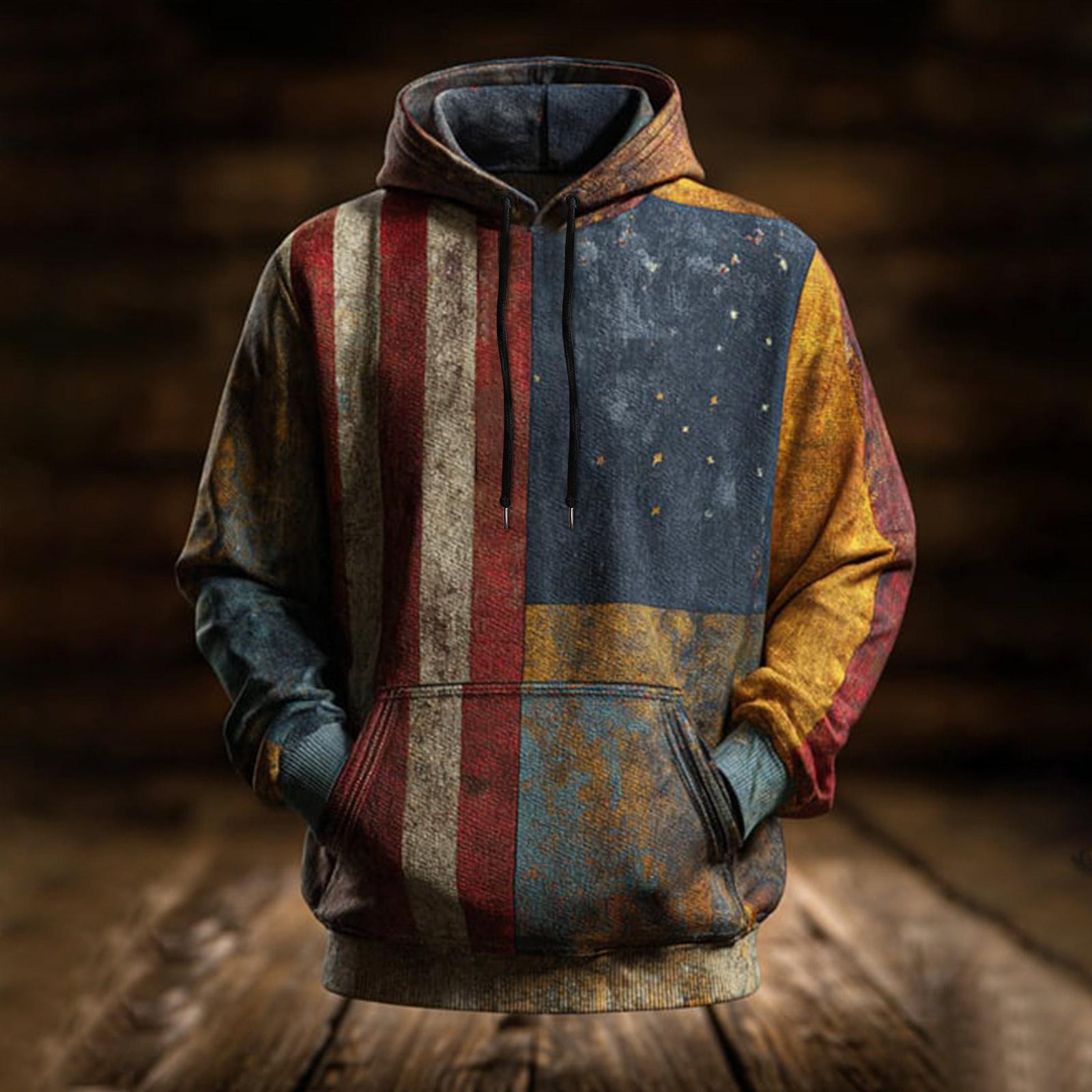 

Men s Vintage Casual American Flag Cross Hoodie Patriotic Shirt XL