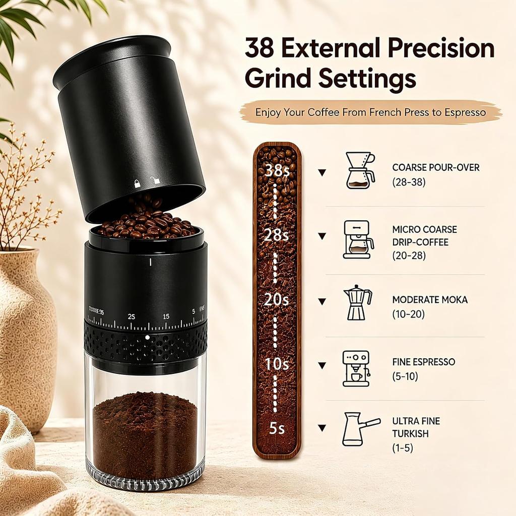 Portable Electric Coffee Grinder, 38 Adjustable Grind Settings for Espresso, Pour Over, French Press, Camping & Travel