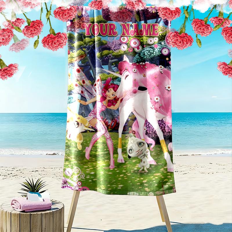 Custom Name Mia and Me Print Beach Towel, Large Soft Quick Dry Towel for Beach Camping Swimming