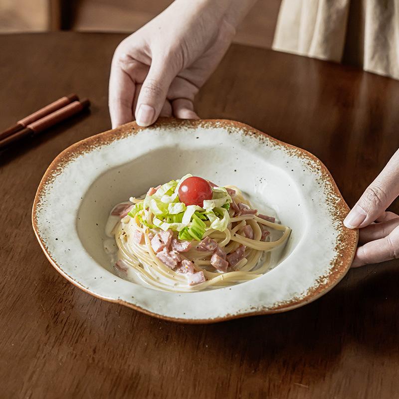 Coarse Pottery Straw Hat Plate Retro Style Ceramic Plate Household Tableware Vegetable Plate Pasta Plate Lace Fruit Salad Plate