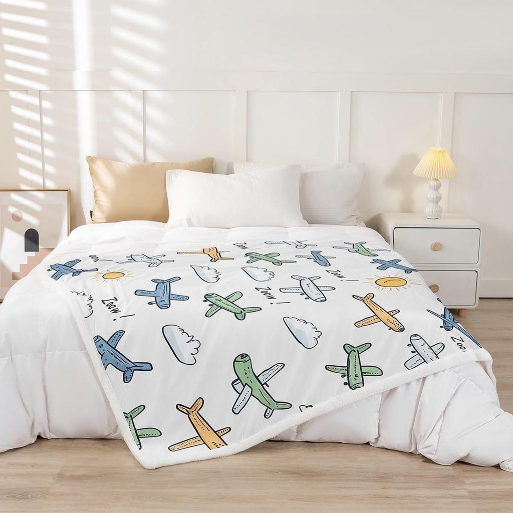 Airplane Kids Blanket Cartoon Plane Pattern Fleece Throw Baby Room Decor Travel Theme Cozy Bed Cover