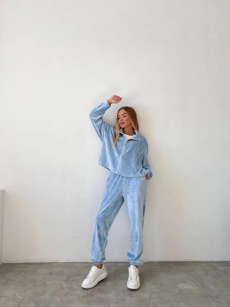 Europejski i Amerykański Jesienny Zestaw Dwuczęściowy z Aksamitu Zapinany na Zamek: Bluzka z długim rękawem, elastyczną talią i spodnie z mankietami z kieszeniami dla kobiet