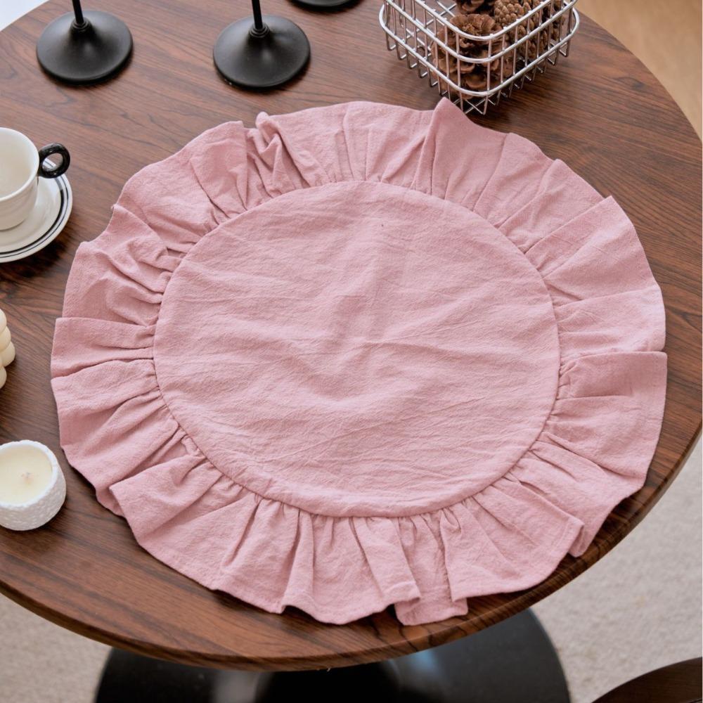 Cotton Ruffled Placemat Simple Round Napkin Everyday Use Heat-Insulating Placemat  Kitchen 11.81in розовый
