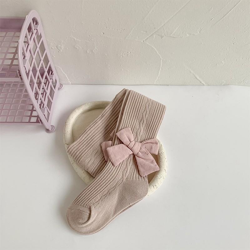 2024 Spring & Autumn Cable Knit Bow Leggings for Girls - Striped Tights with Open Crotch