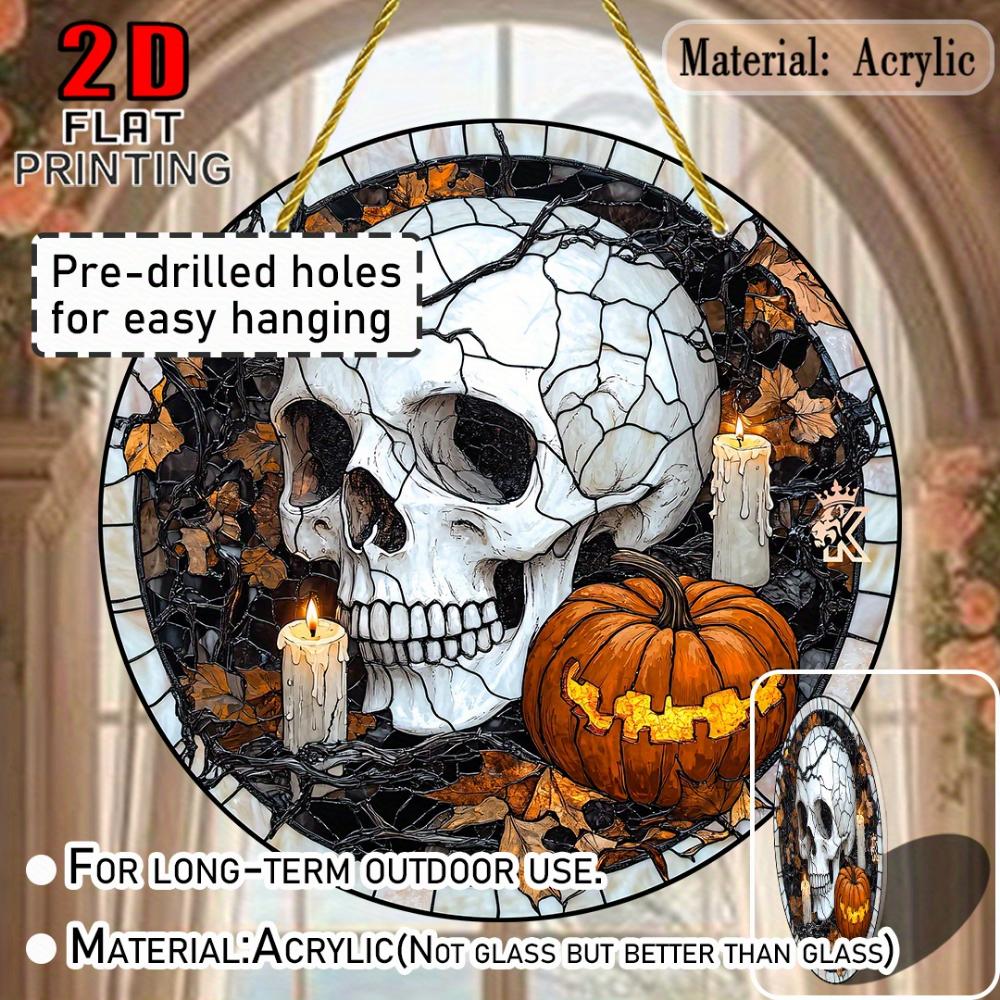 Halloween Skull and Pumpkin Stained Glass Pendant Sun Catcher -  Acrylic Garden Decoration with Candles and Fall Leaves, Outdoor Halloween Decoration,