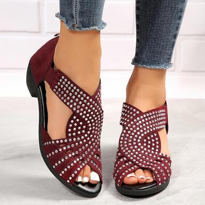 Sandali con zeppa con strass da donna eleganti, comode peep toe con sandali con cerniera posteriore laterale con tacco grosso